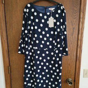 Navy Polka Dot Boden Dress with Flare 3/4 Sleeves